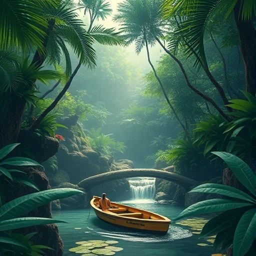 A serene, high-angle shot looking down into a hidden jungle cenote or a tranquil, perfectly clear, still jungle river. Smooth, moss-covered ancient stone ruins or large, sculpted river stones are partially submerged in the pristine water, which perfectly reflects the overhead jungle canopy, creating an illusion of depth. The scene is bathed in a soft, dappled light that filters through the dense foliage above. No visible sky, no human elements. Mood: peaceful, exploratory, profound. Style: minimalist nature photography, high contrast where light hits the water and stone, deep blues and greens.